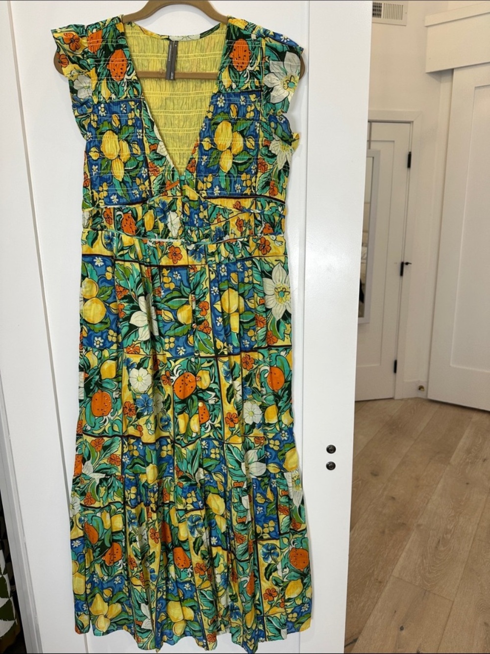New Anthropologie Peregrine Flutter Sleeve Smocked Maxi Midi Lemon Fruit Dress S - Picture 4 of 6